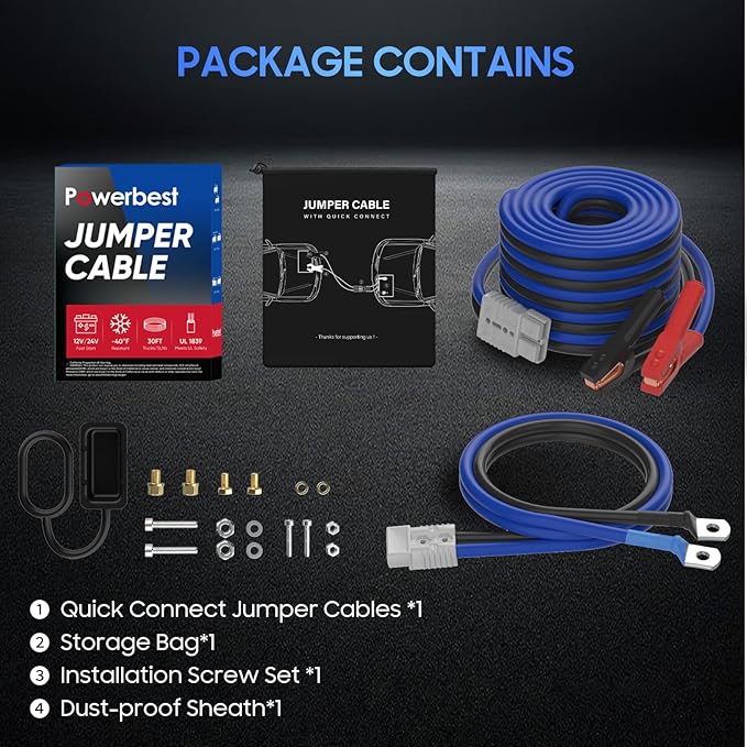 Heavy Duty Jumper Cables - 2/0 Gauge 30 Feet 1600Amp Automotive Booster Jumper Cables with 350A Battery Quick Connect and Permanent Installation kit for Car, SUV and Trucks Battery - (SB350 Gray)