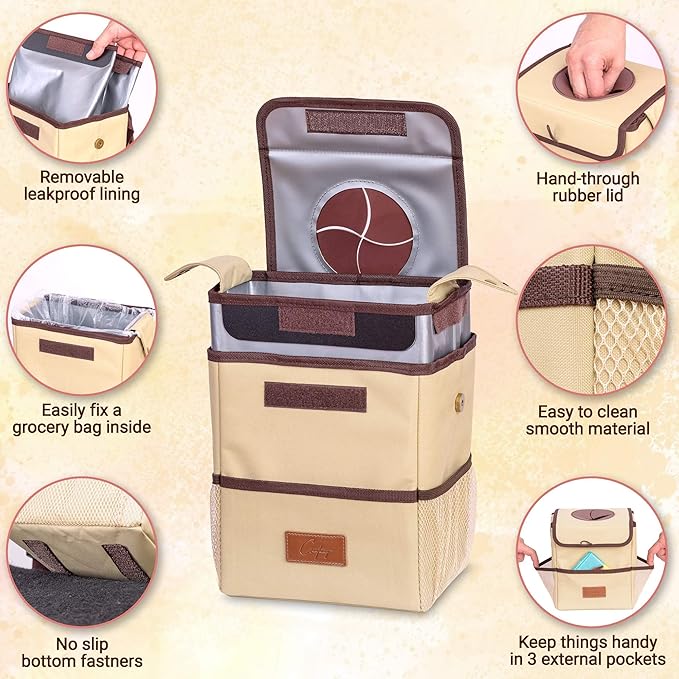 Creathing Car Trash Can [Touring Edition] - Removable Liner - 100% Leakproof, Odor Control Lid, Hanging Garbage Bin for SUV, Truck, Car (2 Gal, Beige)