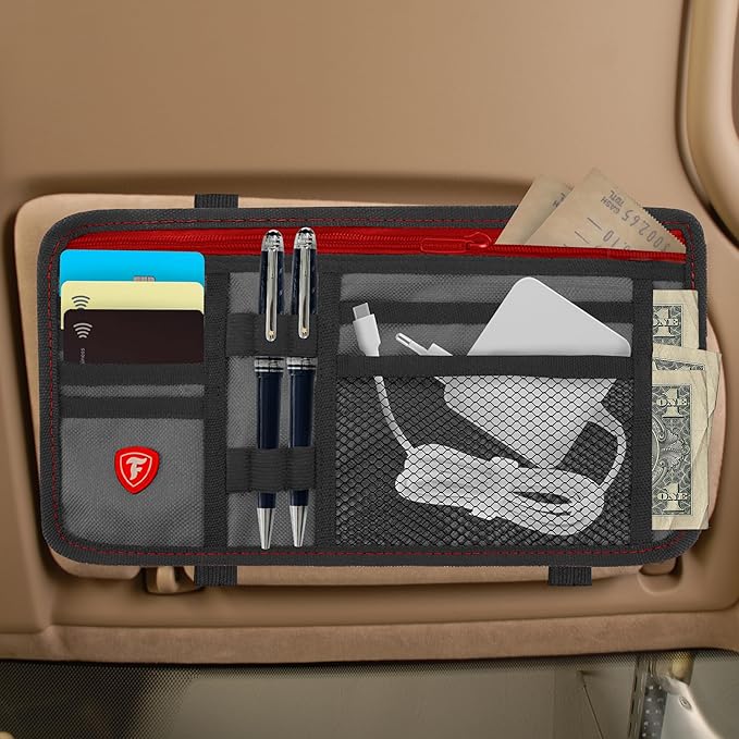 Firestone 2-Pack Car Sun Visor Organizer | 8 Compartment Car & Truck Visor Organizer with Holder & Slots for Sunglasses, License, Registration & More, Charcoal