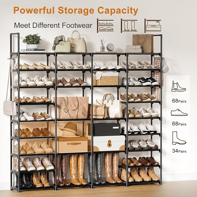 WOWLIVE 4 Row 9 Tiers Extra Large Shoe Rack 68-72 Pairs Big Tall Metal Shoe Shelf, Heavy Duty Organizer for Closet Entryway, 