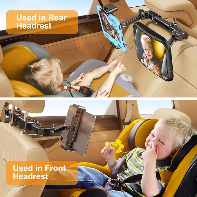 Adjustable tablet holder arm of 2-in-1 baby car mirror, compatible with iPad and other tablets
