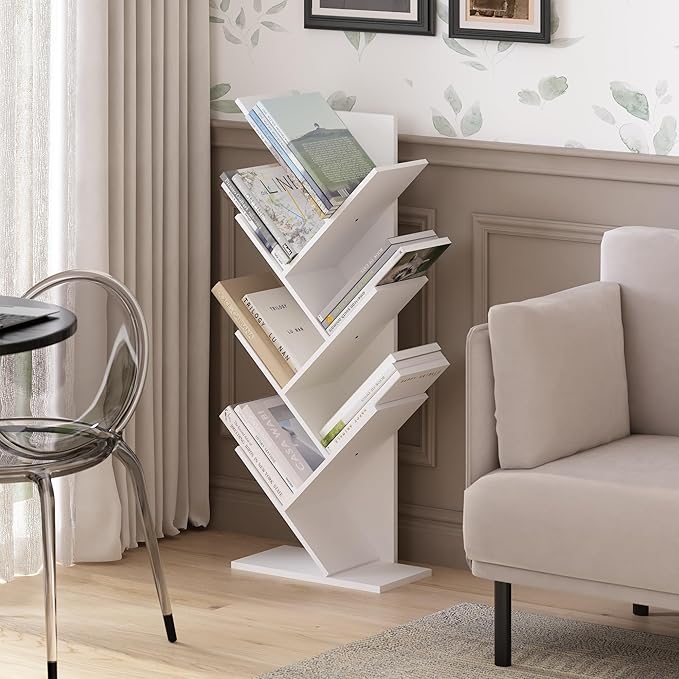 Furinno Tree Book Shelf, 7-Tier Bookshelf with Angled Open Shelf, Tree Bookcase for Room Decor, 8.4 x 15.7 x 39.4, for Organi