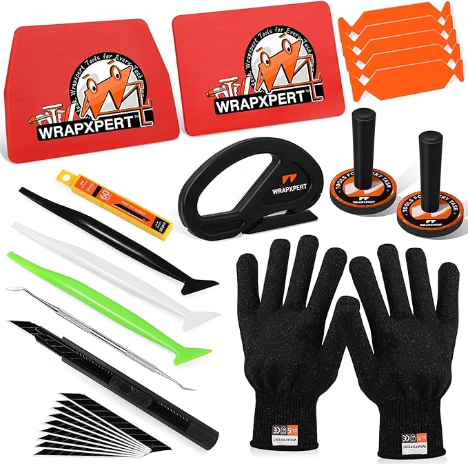 WRAPXPERT Vinyl Wrap Tool Kit,Car Wrap Kit Include Vinyl Wrap Gloves & Magnets,Utility Knife with Blades,Wrapping Paper Cutter,Felt Squeegee Corner Squeegee Window Tint Tools