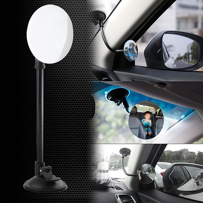 Suction Cup Car Baby Mirror, Ampper Adjustabe Long Arm HD Glass Convex Wide Angle Interior Rearview Baby Rear Facing Mirror (Frameless Round, 3.35")