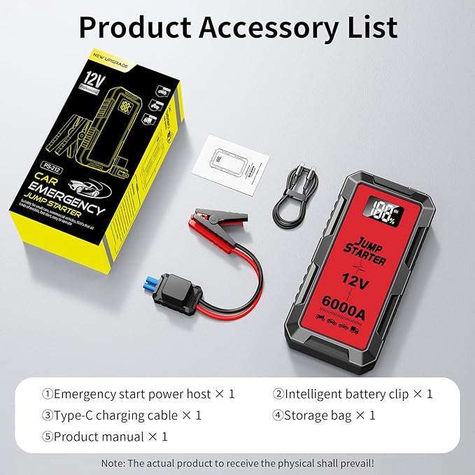 6000A Car Jump Starter, 12V Jump Starter Battery Pack (All Gas,up to 10.0L Diesel Engine) Jumper Cables Portable Lithium