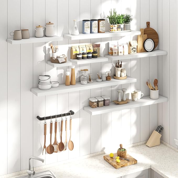 16 Inch Floating Shelves for Wall Set of 2, 8"D Wood Grain Bathroom Shelves with Invisible Brackets, Easy Install Engineered 