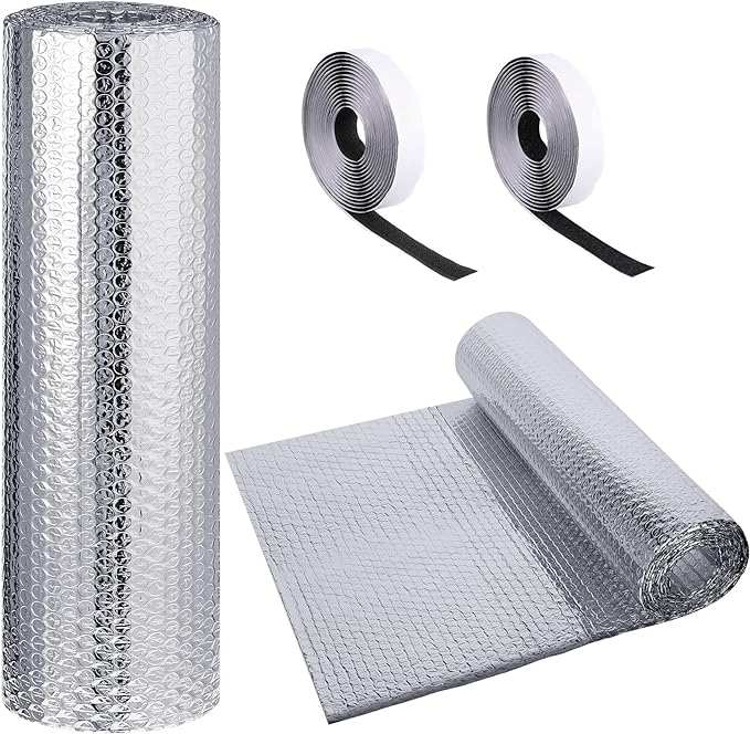 Frienda Rv Window Reflective Insulation Roll 24inch*10ft Double Aluminum Foil Heat Bubble Thermal Window Shade Door Cover Blackout for Garage Roof Travel Camper Skylight Shield