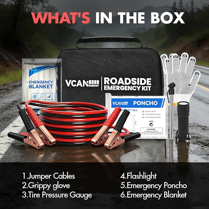 Car Emergency Safety Kit Bag with Jumper Cables, Tire Pressure Gauge, Auto Vehicle Safety Road Side Assistance Kits Essential