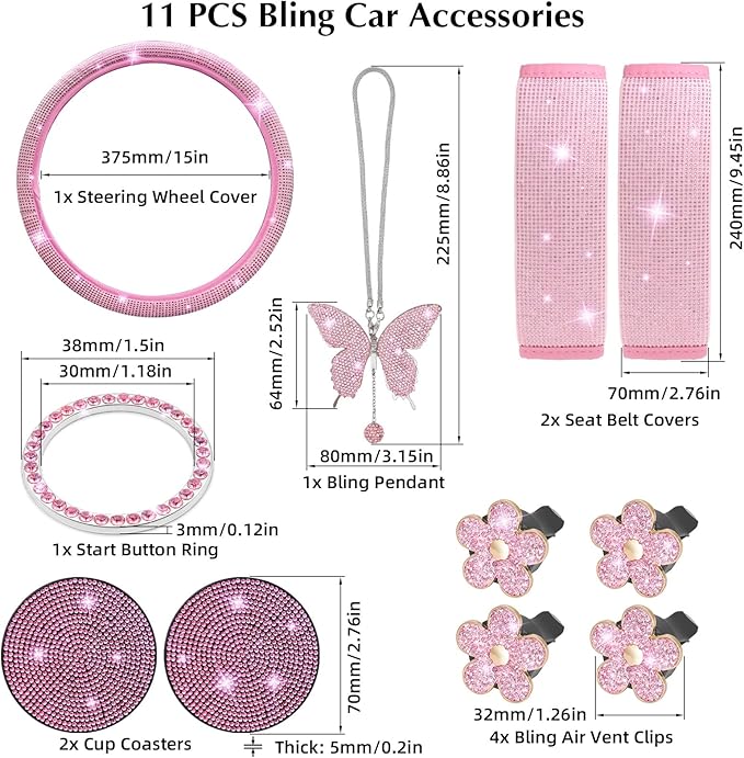 ARTILAURA 11 PCS Bling Car Accessories Set for Women Steering Wheel Covers Butterfly Hanging Seat Belt Cover Air Vent Clips Coasters Cute Glitter Diamond AUTO Accessories Kit (Pink)