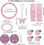 ARTILAURA 11 PCS Bling Car Accessories Set for Women Steering Wheel Covers Butterfly Hanging Seat Belt Cover Air Vent Clips Coasters Cute Glitter Diamond AUTO Accessories Kit (Pink)