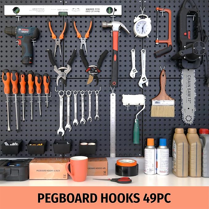 HUHOLE 49 Piece Pegboard Hooks Assortment Kit with Pegboard Bins Garage Tool Organizer Set Fits 1/8 and 1/4 Inch Peg Board Ac