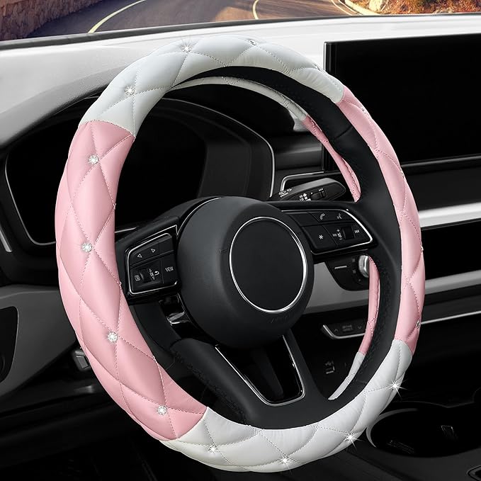 YOGURTCK Cute Diamond Soft Leather Steering Wheel Cover with Bling Bling Crystal Rhinestones, Universal 15 Inch for Women Gir