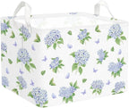 FYSUIMU Blue Floral Nursery Basket Spring Hydrangea Flower Collapsible Storage Box Waterproof Canvas Storage Bin with Handle 