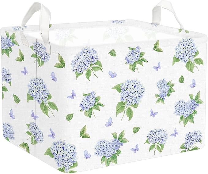 FYSUIMU Blue Floral Nursery Basket Spring Hydrangea Flower Collapsible Storage Box Waterproof Canvas Storage Bin with Handle 
