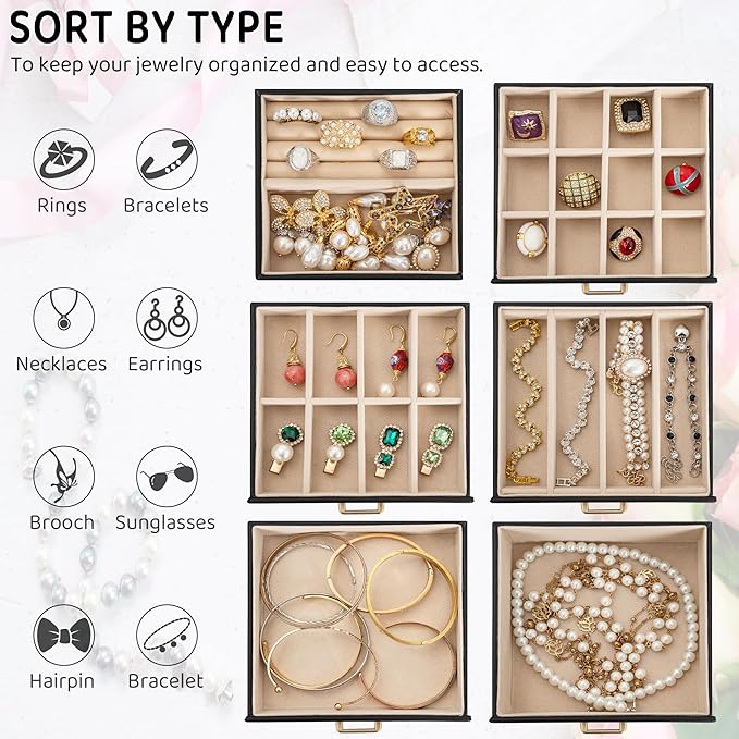 AKOZLIN 6-Tier Jewelry Box Lockable Leather Jewelry Storage Case with 5 Drawers for Women Girls Ring Necklace Earring Bracele