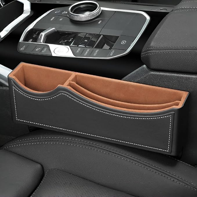 Car Seat Gap Organizer Large Capacity Leather Storage Box with Charging Port Multi-Purpose Car Seat Crevice Storage Solution for Phones Wallets Cards Ideal for Car Organization (Modern, Black-Double)