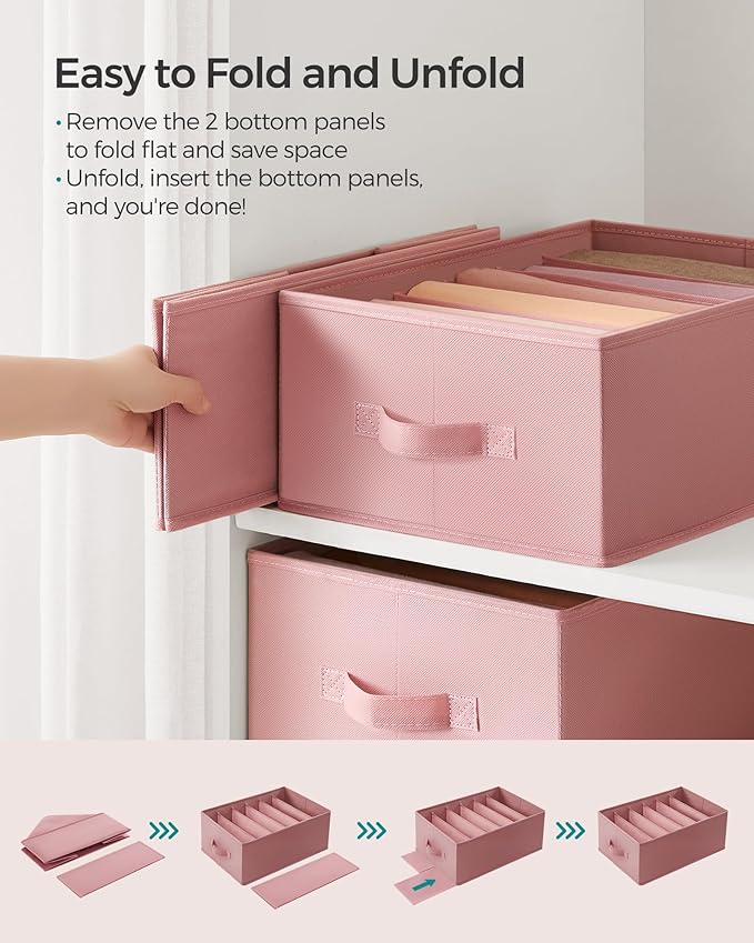 SONGMICS Set of 4 Large Size Wardrobe Clothes Organizers, 6-Compartment Foldable Drawer Organizers with Handles, 16.5 x 11.8 