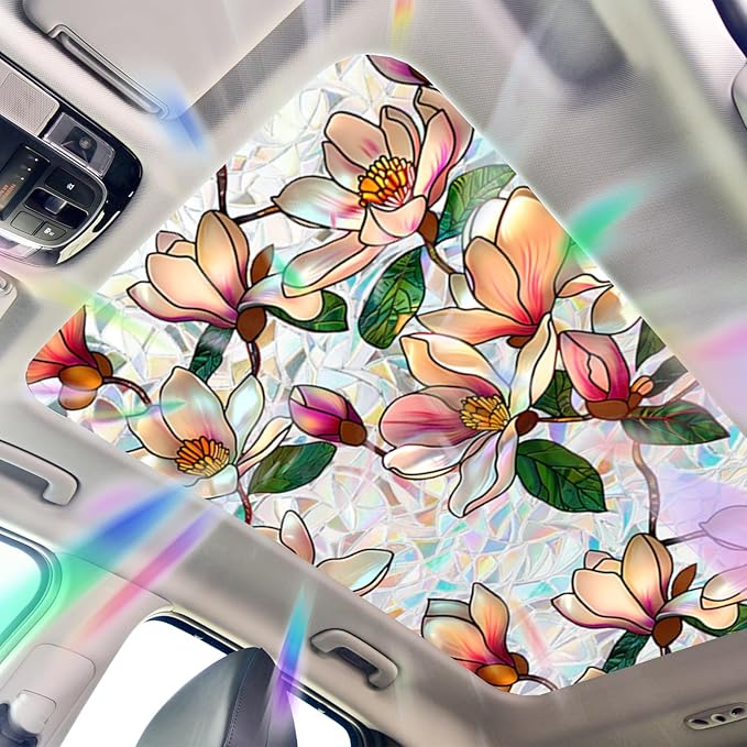 Niviy Window Privacy Film, Magnolia Flowers Stained Glass Window Film, Rainbow Film Glass Sun Protection Decals for Car Moonroof, Windows Tint for Home Bathroom (16.93 x 39.37inch)
