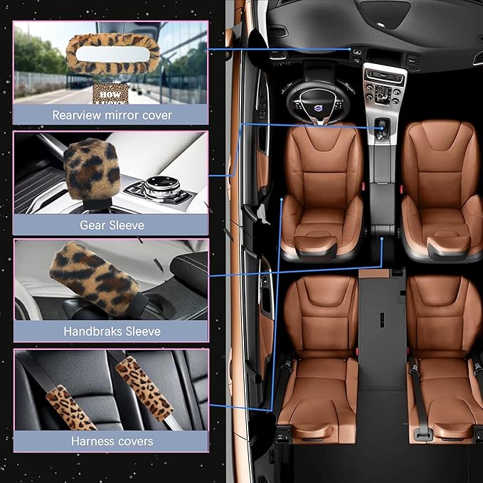 19 Pcs Fluffy Car Accessories Set,Fluffy Plush Leopard Print Steering Wheel Covers,Plush Head Pillow,Pillowcase,Eyeglasses Clip,Car Accessories for Women. (Brown)