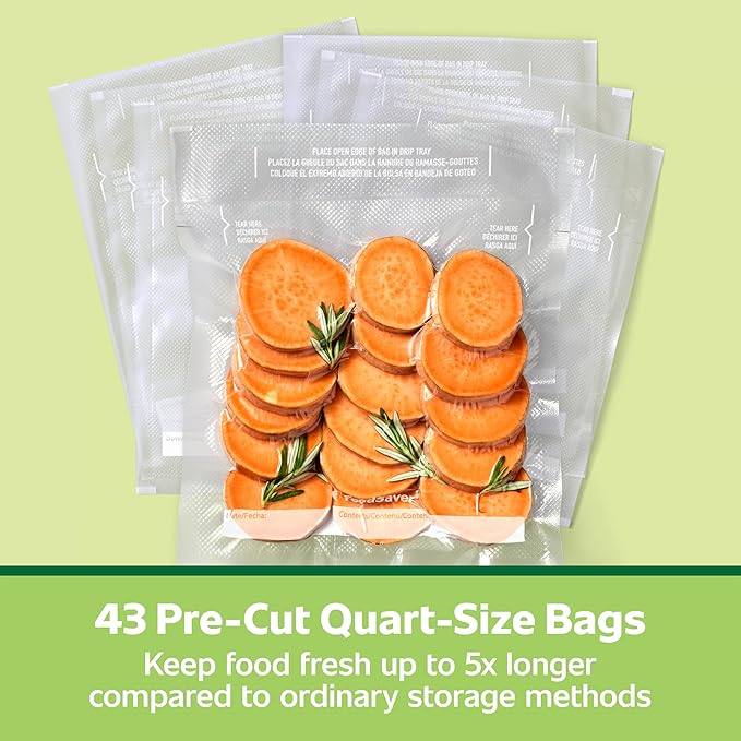 FoodSaver Quart Pre-Cut Vacuum Seal Bags, Easy Use Vacuum Storage Bags, Align to Seal and Tear to Open Vacuum Sealer Storage 