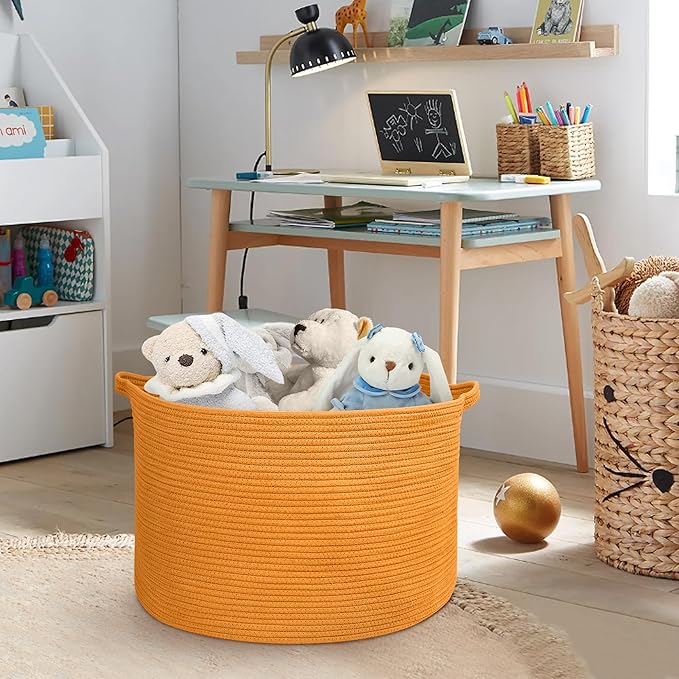 MEGASKET Extra Large Orange Basket, 22" X 22" X 14" Woven Cotton Rope Bins for Blankets, Baby Nursery Wicker Laundry Towel Ba