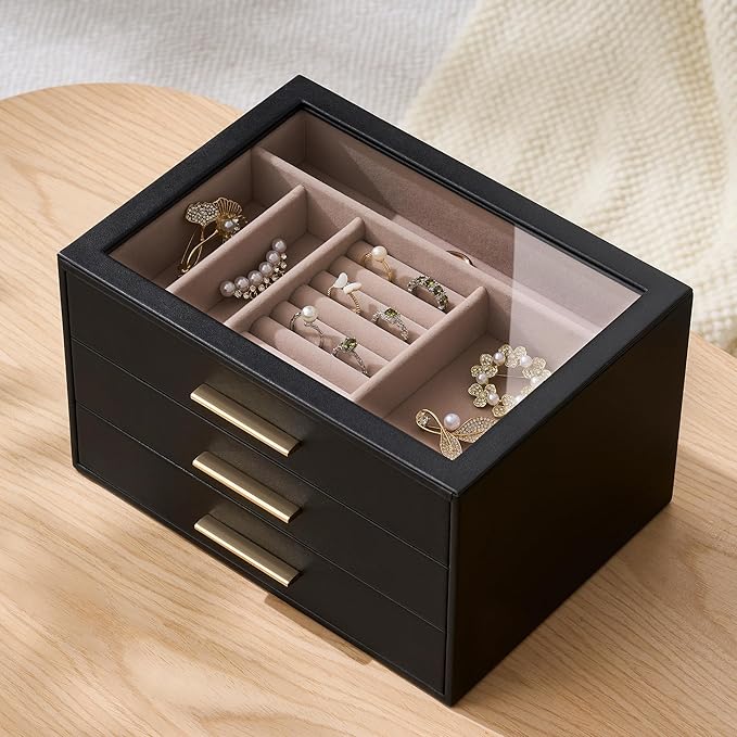 pickpiff Jewelry Box Organizer Case for Women: 3-Layer Jewelry Storage Case with Glass Window, Black Leather with Blush Velve