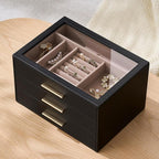 pickpiff Jewelry Box Organizer Case for Women: 3-Layer Jewelry Storage Case with Glass Window, Black Leather with Blush Velve