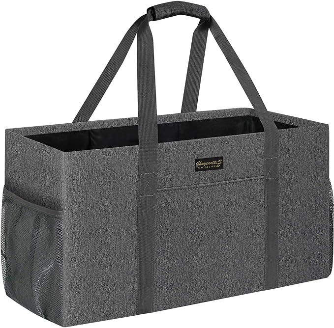 GhvyenntteS Extra Large Utility Tote Bag, Stand Up Utility Tote with Metal Wire Frame & Hard Bottom Board, Reusable Grocery Bags With Handles, Extra Large Beach Bag, Collapsible Car Tote