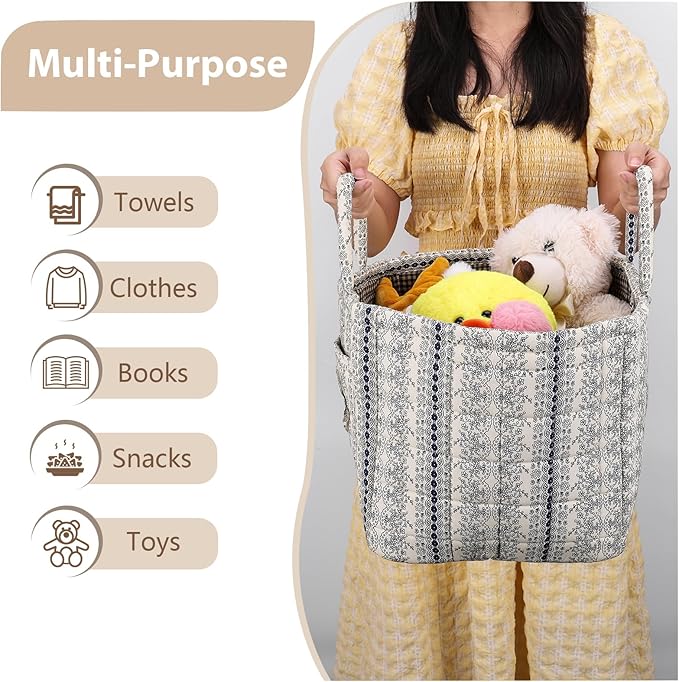Storage Basket Boho Fabric Large Collapsible Floral Laundry Nursery Hamper Portable Folding Storage for Clothes Toys (Vine-Bl