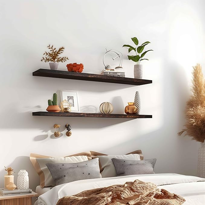 PHPH 48 Inch Wood Floating Shelves for Wall, Wooden Wall Shelves for Bedroom, Set of 4 Brown