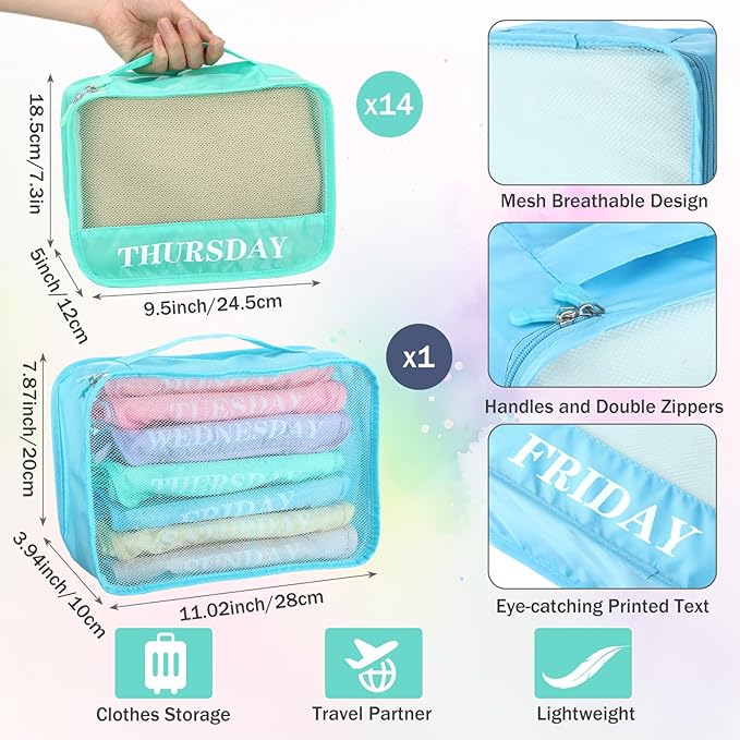Days of Week Packing Cubes Weekly Organizer Travel Storage Bag School Clothes for Kids Summer Camp Family(9x7x3inch,Macaron,1