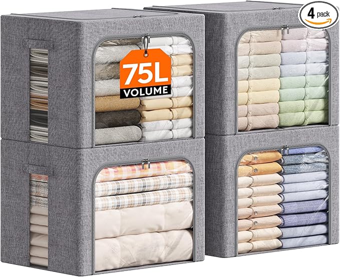 Lifewit Clothes Storage Bins with Metal Frame, Stackable Storage Box, Foldable Clothing Storage Bins with Lids, 75L Storage B
