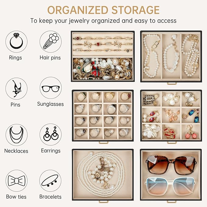 AKOZLIN 6-Tier Jewelry Box Organizer Functional 5 Drawers Leather Jewelry Storage Case for Women Girls Ring Necklace Earring 