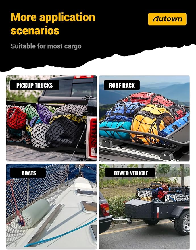 AUTOWN Cargo Net for Pickup Truck Bed - Stretchable 4'x4' to 7'x7', High Elastic Fine Mesh 1''x1'' with 8 Metal Carabiners - Ideal for ATV, SUV, UTV, Truck and Boat Use (Single Layer)