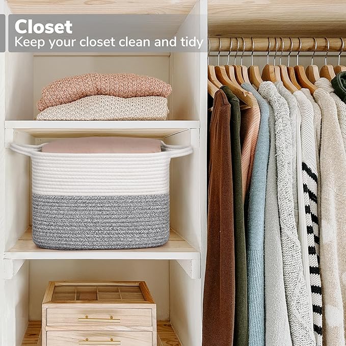 Goodpick Woven Storage Basket, Cotton Rope Baskets for Organizing, Closet Storage Bins with Handles, Small Laundry Basket for