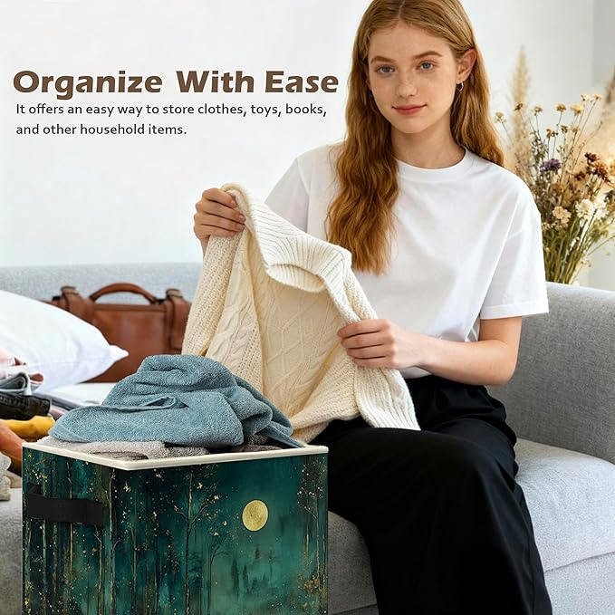Dark Enchanted Forest Full Moon Storage Box Bins, Mystical Moonlit Night Forest Collapsible Storage Basket Organizer for Bedr