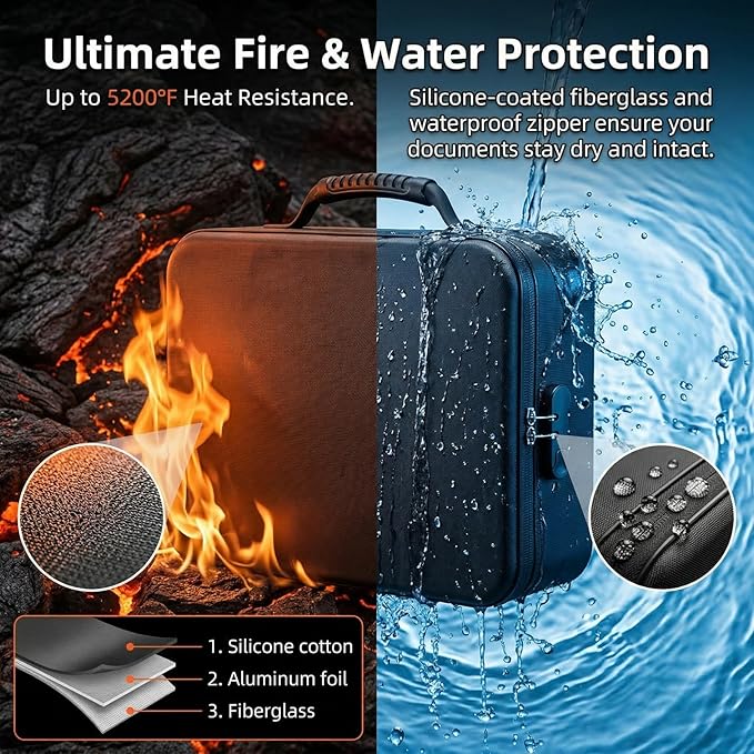 Fireproof Document Box (Soft-Shell) with Lock, 5200°F Fireproof & Water-Resistant File Organizer for Important Documents, Cer