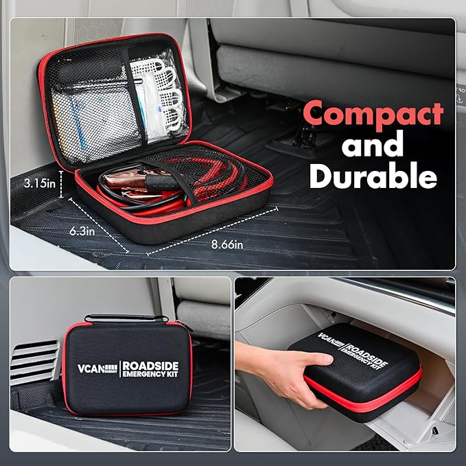Car Emergency Safety Kit Bag with Jumper Cables, Tire Pressure Gauge, Auto Vehicle Safety Road Side Assistance Kits Essential