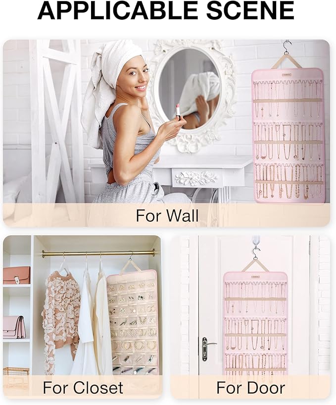 BAGSMART Hanging Jewelry Organizer Storage Roll with Hanger Metal Hooks Double-Sided Jewelry Holder for Earrings, Necklaces, 