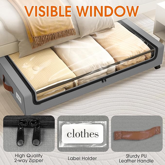 Under Bed Storage with Wheels 3Pack Underbed Storage with Clear Window&Label Under Bed Drawers Large Capacity Rolling Under B