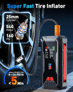 HW Car Battery Jump Starter with Air Compressor, [44.4Wh, 160PSI] True 2000A Portable Car Jumper Pack (8.5 Gas/6.5L Diesel), 12V Jump Box with Jumper Cables/Air Chucks/USB-C Cables-65W Fast Charging