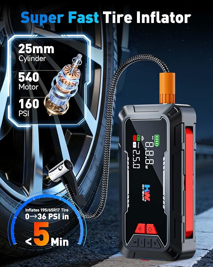 HW Car Battery Jump Starter with Air Compressor, [44.4Wh, 160PSI] True 2000A Portable Car Jumper Pack (8.5 Gas/6.5L Diesel), 12V Jump Box with Jumper Cables/Air Chucks/USB-C Cables-65W Fast Charging
