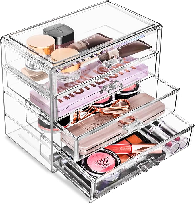 Sorbus Acrylic Makeup Organizer Set, 4-Drawer Vanity & Countertop Cosmetic Storage with Wide Drawers, Clear Makeup Storage fo