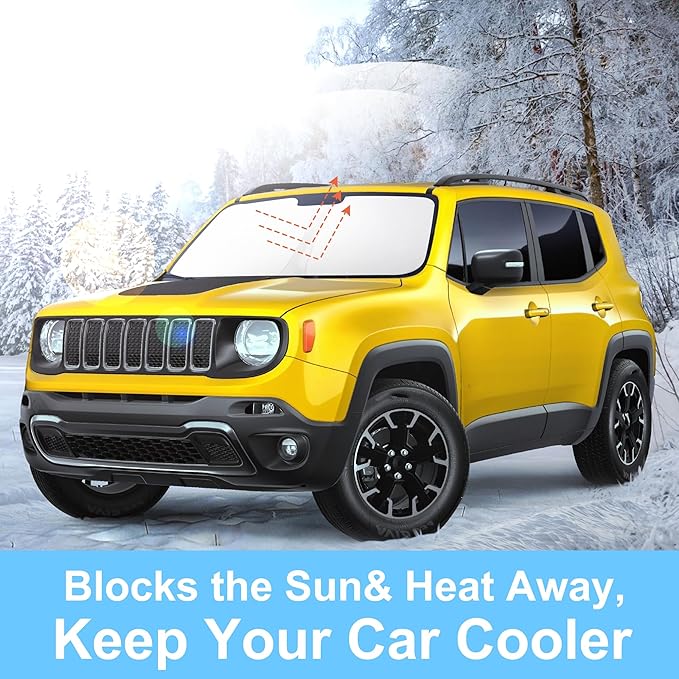 TINGLU Sun Shade for Jeep Renegade 2015-2024 Accessories Windshield Sun Shade Window Shade UV Rays Protection Sun Visor Cover with Steering Wheel Sunshade Storage Bag