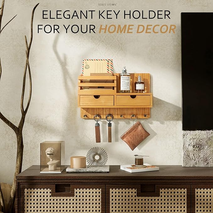 Rebee Vision Modern Farmhouse Key Holder Wall Mount with 2 Drawer Organizer - Mail Holder for Wall with 6 Key Hooks - Ideal f
