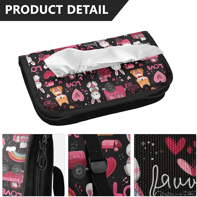 Car Tissue Holder Car Visor Organizer Tissue Box Holder for Car Sun Visor Organizer with Car Vehicle Accessories Essentials Interior for Women Men Valentines Fox Bunny Cars Black