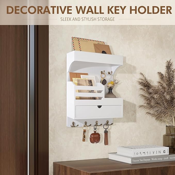 Rebee Vision Key Holder Wall Mount with Drawer Organizer – Pine Wooden Mail and Key Organizer with 6 Sturdy Hooks and Wall Sh