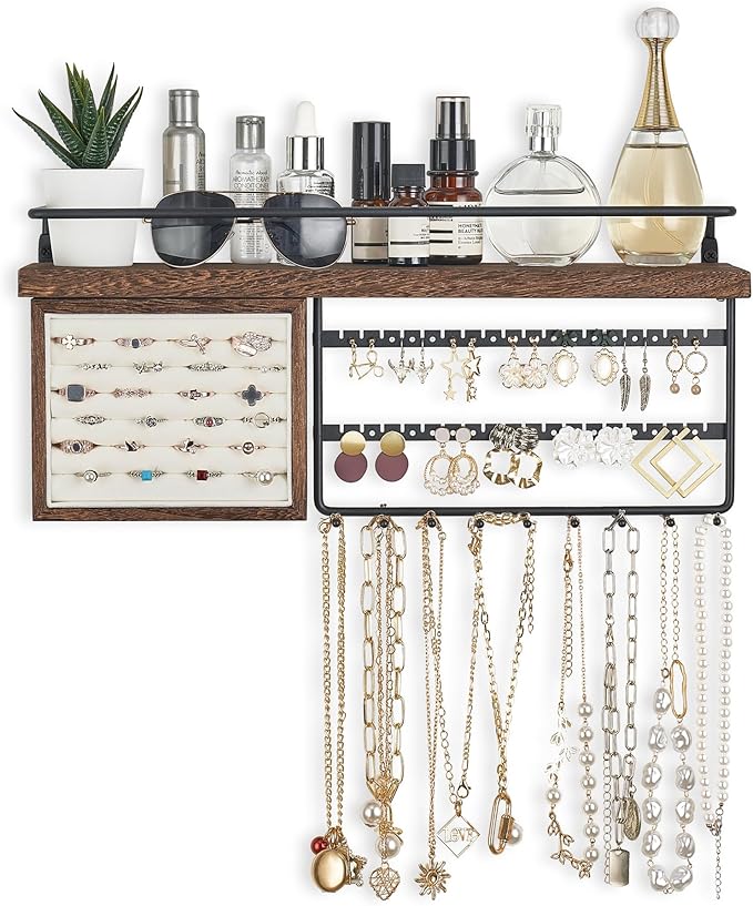 Mkono Hanging Jewelry Organizer Wall Mounted Jewelry Organizer Necklace Holder with Rustic Wood Shelf, Ring Display Box, Ear 