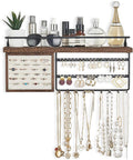 Mkono Hanging Jewelry Organizer Wall Mounted Jewelry Organizer Necklace Holder with Rustic Wood Shelf, Ring Display Box, Ear 