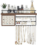 Mkono Hanging Jewelry Organizer Wall Mounted Jewelry Organizer Necklace Holder with Rustic Wood Shelf, Ring Display Box, Ear 